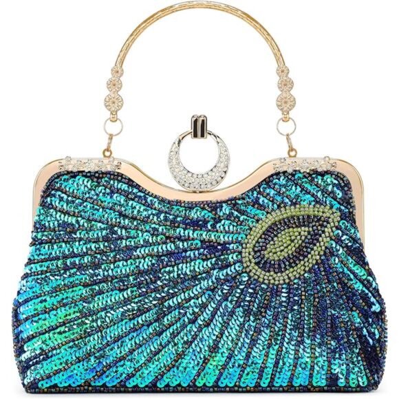 Beaded Bag Sequin Peacock Evening Clutch Purse for Women Formal Evening Blue - Picture 9 of 9